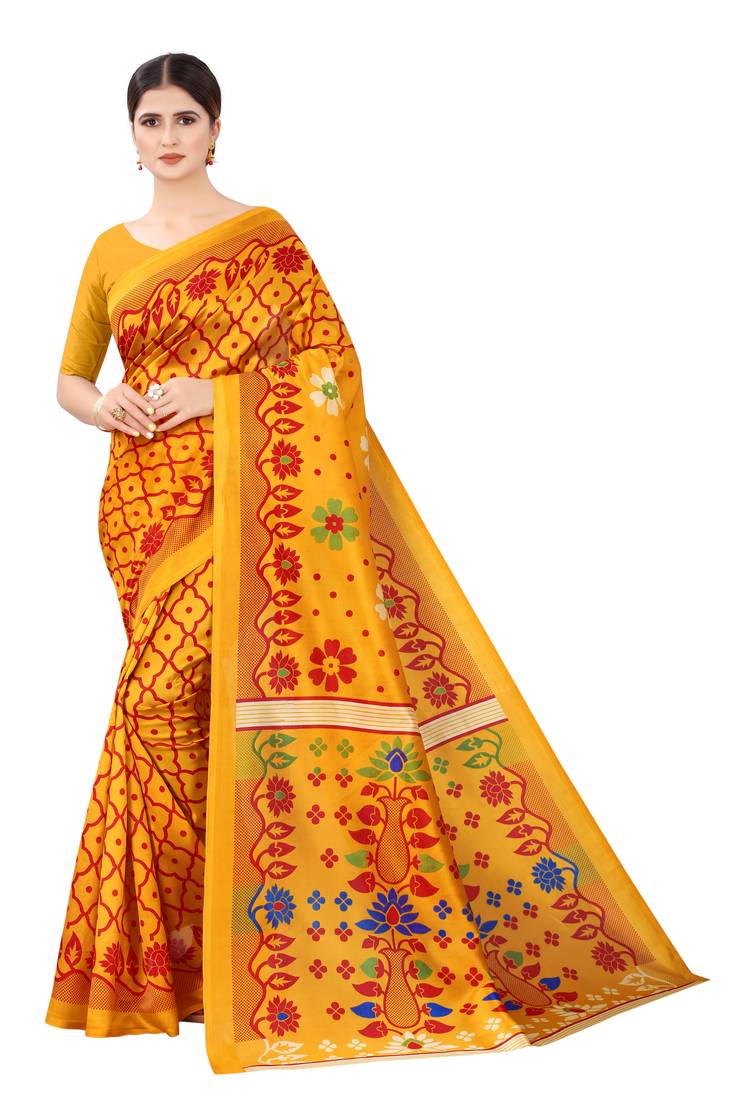 yellow colour art silk printed saree with blouse