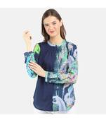 Women's Blue Printed Silk Cotton Top