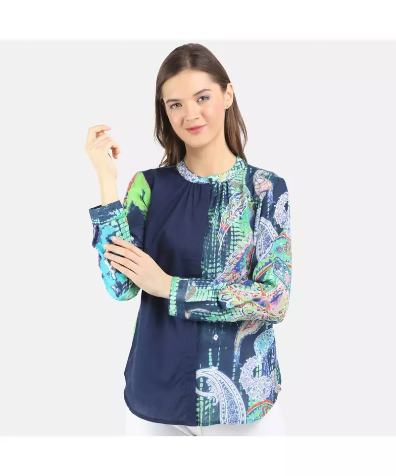 WOMEN'S BLUE PRINTED SILK COTTON TOP