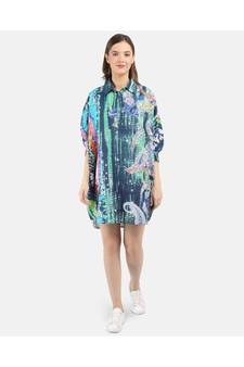 WOMEN'S BLUE PRINTED SILK ONE SIZE TUNIC