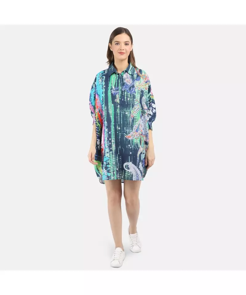 WOMEN'S BLUE PRINTED SILK ONE SIZE TUNIC