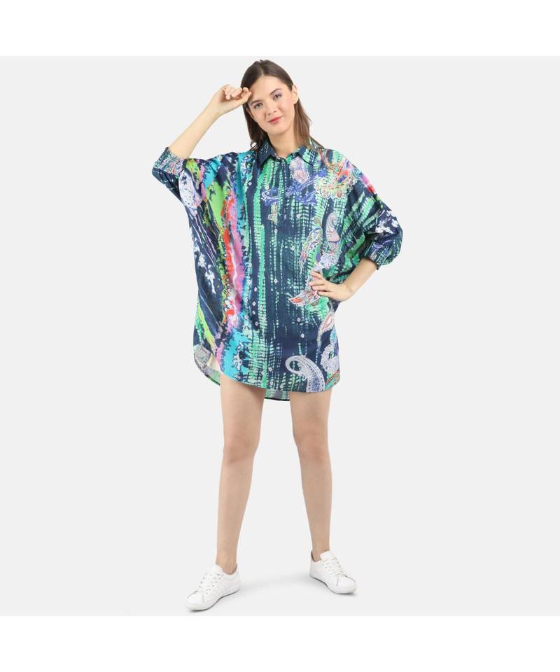 WOMEN'S BLUE PRINTED SILK ONE SIZE TUNIC