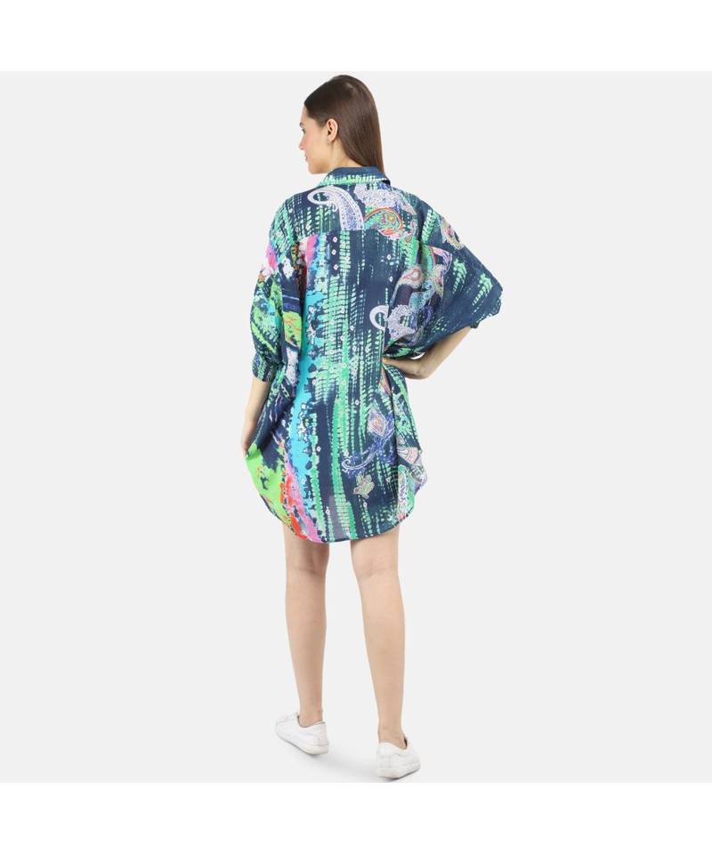 WOMEN'S BLUE PRINTED SILK ONE SIZE TUNIC