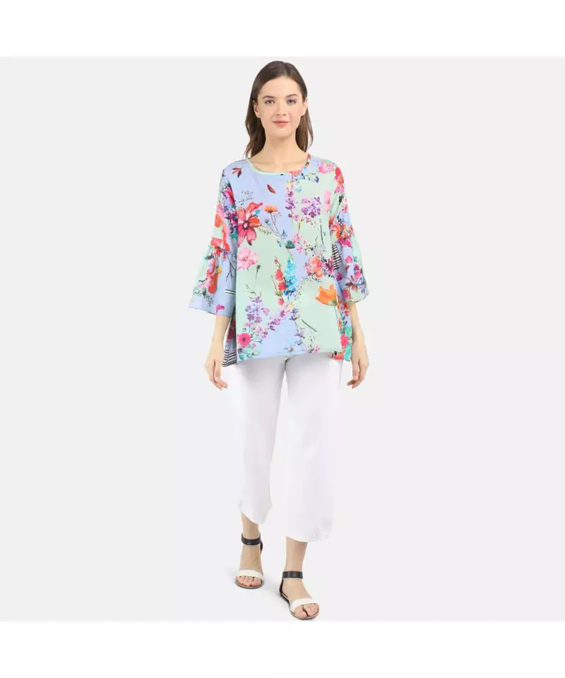 WOMEN'S BLUE PRINTED TOPWITH FRILL DETAILS top