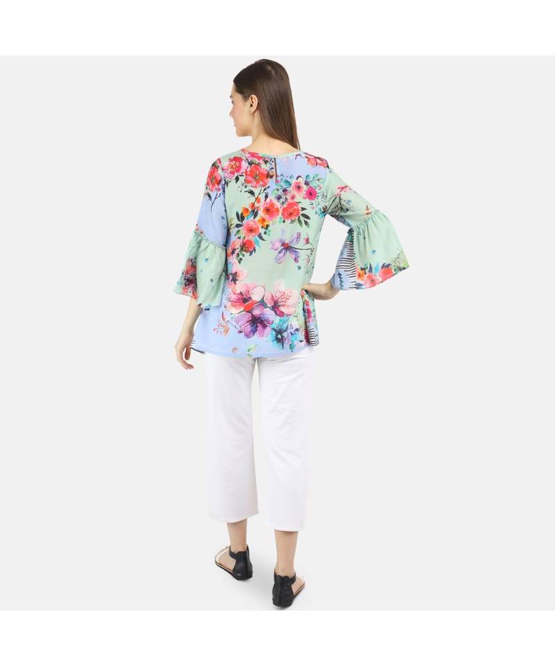 WOMEN'S BLUE PRINTED TOPWITH FRILL DETAILS top