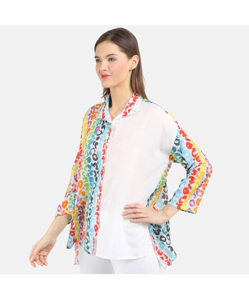 WOMEN'S WHITE PRINTED COTTON SILK ONE SIZE TOP