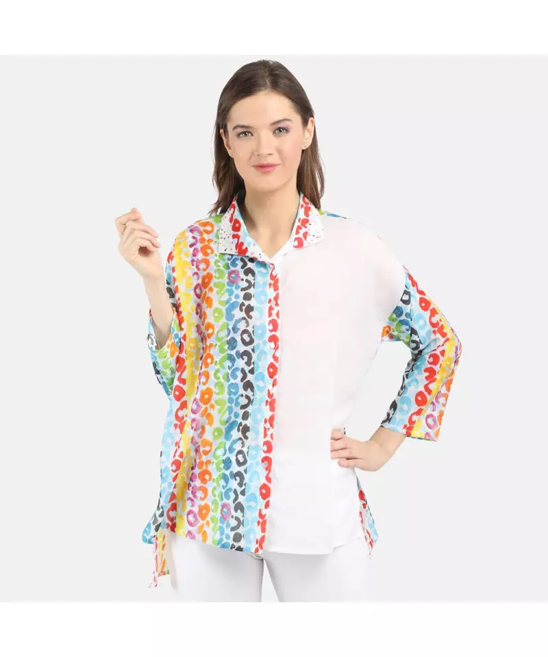 WOMEN'S WHITE PRINTED COTTON SILK ONE SIZE TOP