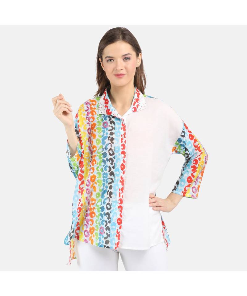 WOMEN'S WHITE PRINTED COTTON SILK ONE SIZE TOP