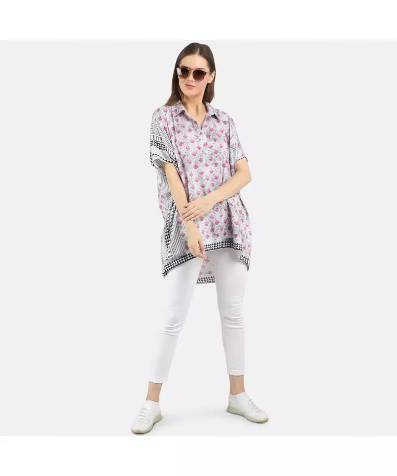 WOMEN'S GREY PRINTED SILK SATEEN ONE SIZE TUNIC