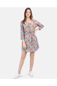 WOMEN'S BLUE PRINTED SILK COTTON ONE SIZE TUNIC