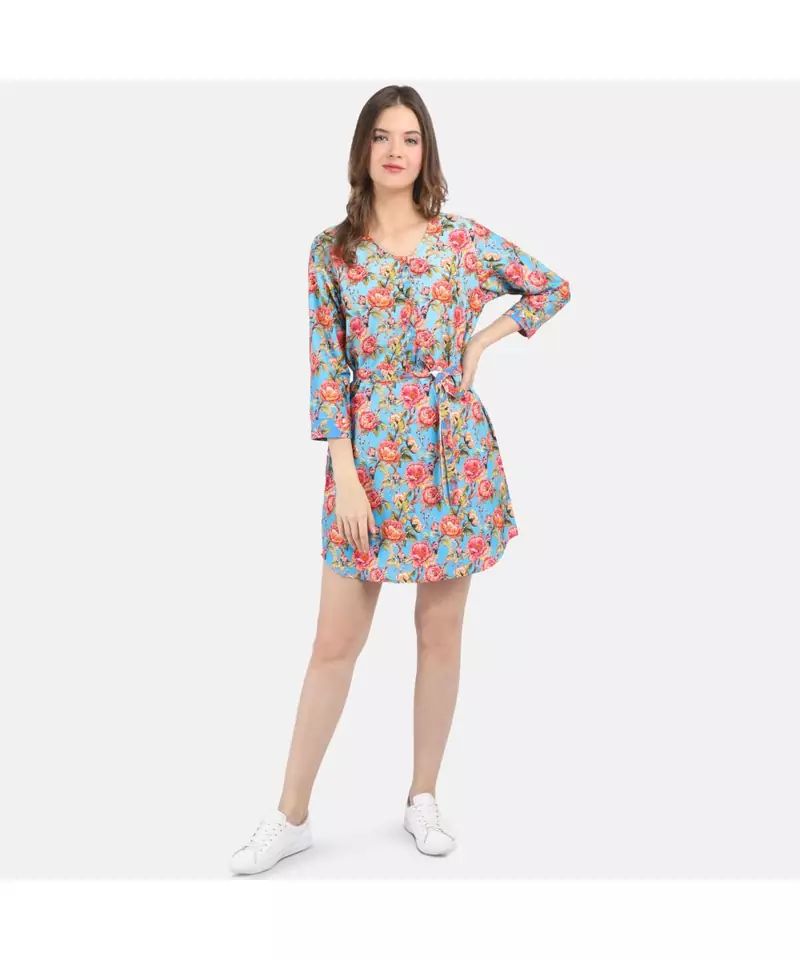 WOMEN'S BLUE PRINTED SILK COTTON ONE SIZE TUNIC
