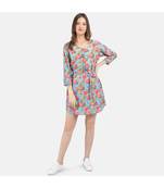 Women's Blue Printed Silk Cotton One Size Tunic