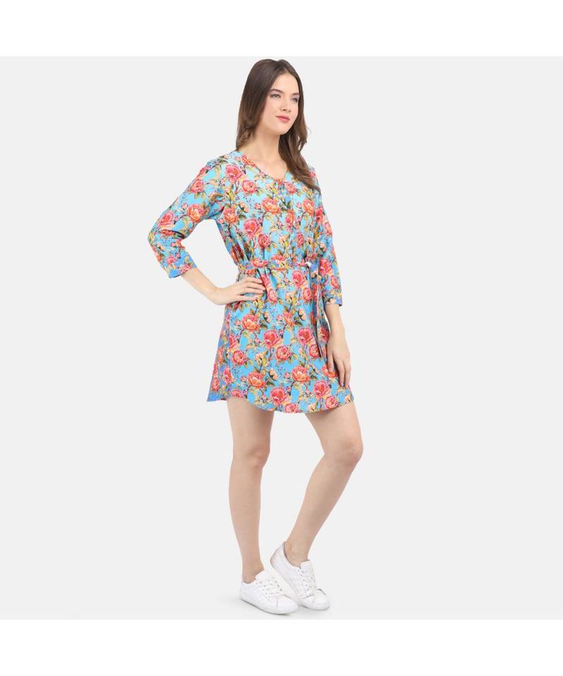 WOMEN'S BLUE PRINTED SILK COTTON ONE SIZE TUNIC