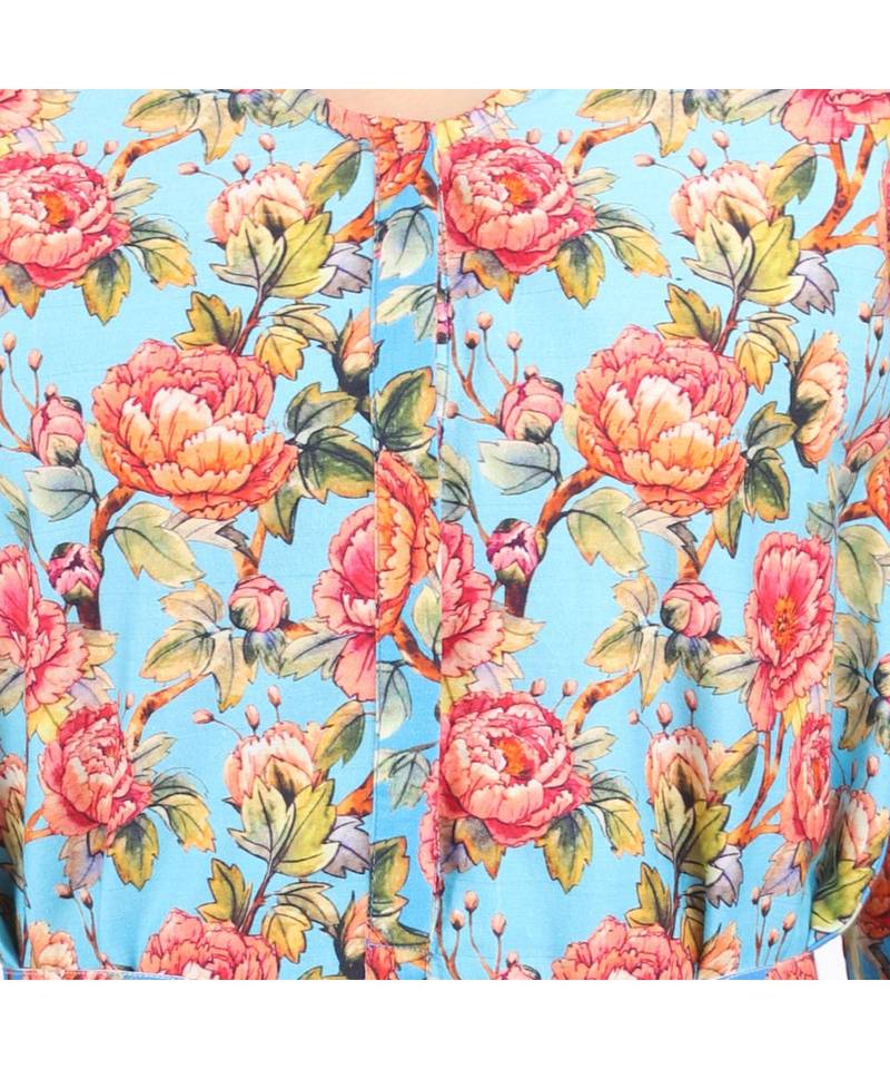 WOMEN'S BLUE PRINTED SILK COTTON ONE SIZE TUNIC