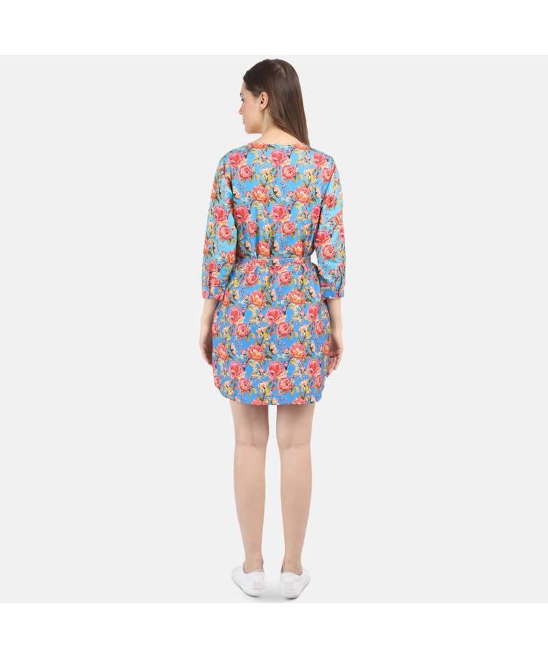 WOMEN'S BLUE PRINTED SILK COTTON ONE SIZE TUNIC