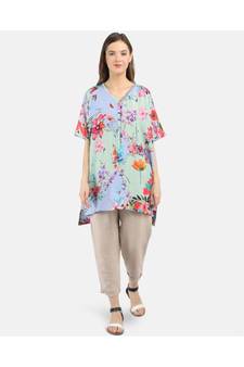 WOMEN'S BLUE PRINTED SILK COTTON ONE SIZE TUNIC