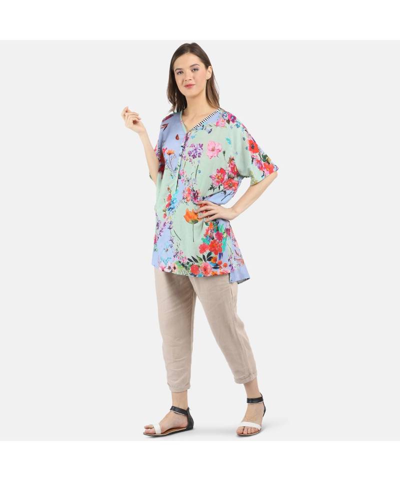 Women's Blue Printed Silk Cotton One Size Tunic