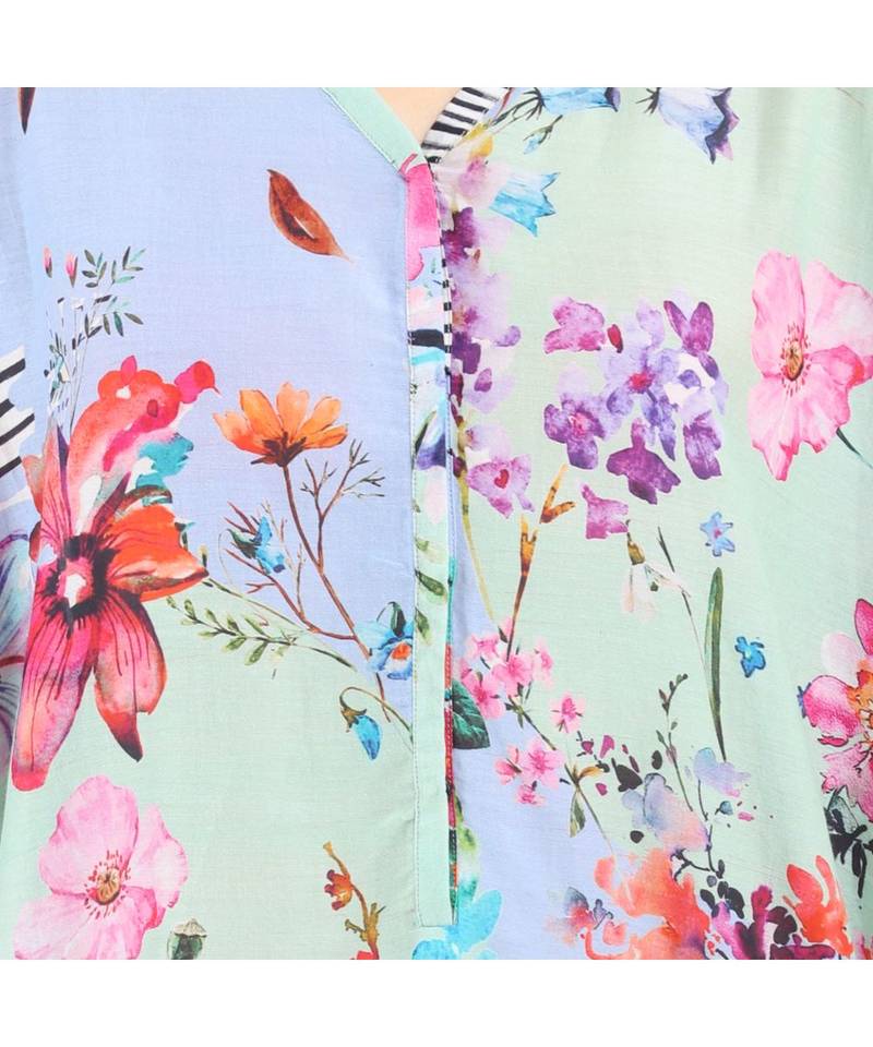 Women's Blue Printed Silk Cotton One Size Tunic