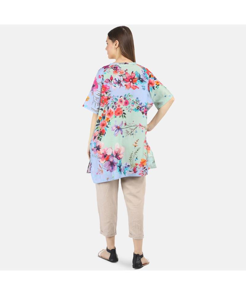 Women's Blue Printed Silk Cotton One Size Tunic