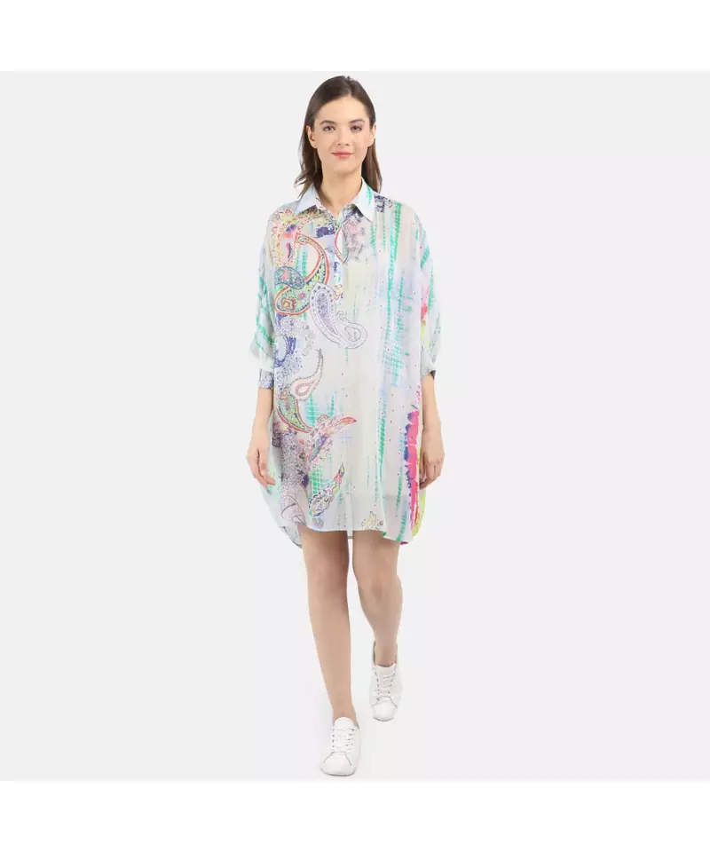 WOMEN'S GREY PRINTED VISCOSE SILK ONE SIZE TUNIC