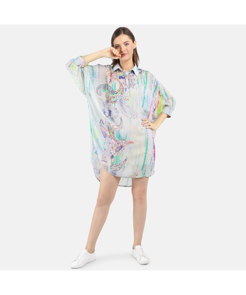 WOMEN'S GREY PRINTED VISCOSE SILK ONE SIZE TUNIC