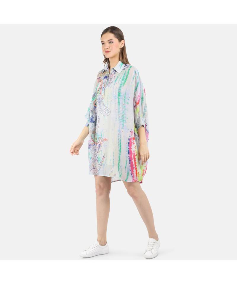 WOMEN'S GREY PRINTED VISCOSE SILK ONE SIZE TUNIC