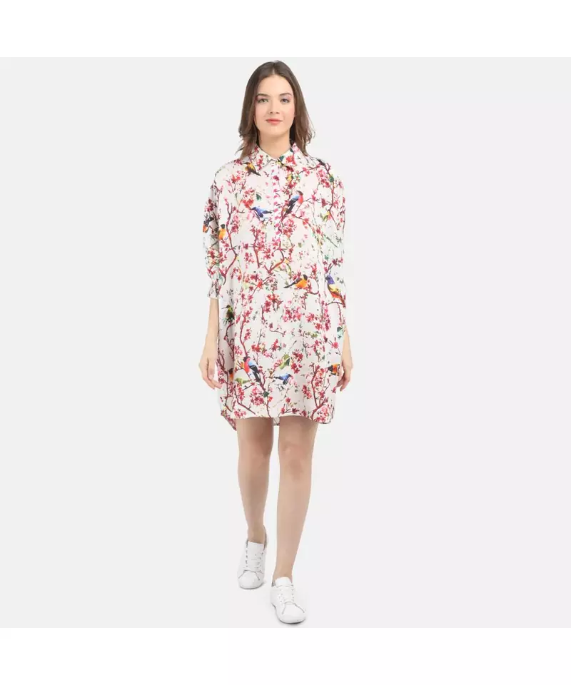 WOMEN'S GREY PRINTED LINEN ONE SIZE TUNIC