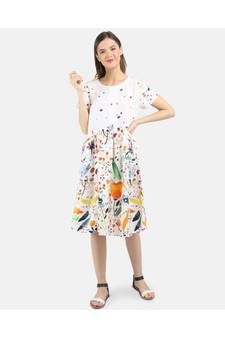 WOMEN'S WHITE PRINTED SILK COTTON DRESS