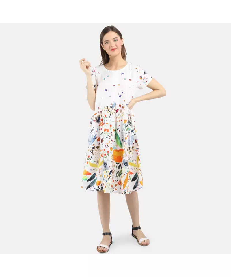 WOMEN'S WHITE PRINTED SILK COTTON DRESS