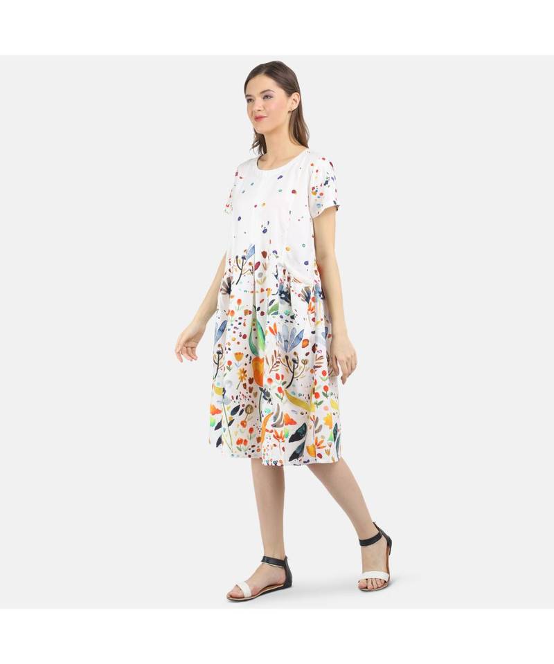 WOMEN'S WHITE PRINTED SILK COTTON DRESS