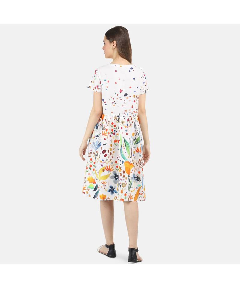 WOMEN'S WHITE PRINTED SILK COTTON DRESS