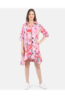 WOMEN'S PINK PRINTED SILK COTTON SHIRT DRESS