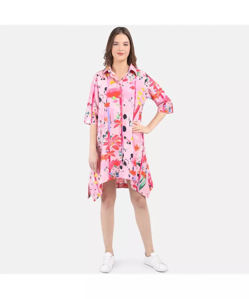 WOMEN'S PINK PRINTED SILK COTTON SHIRT DRESS