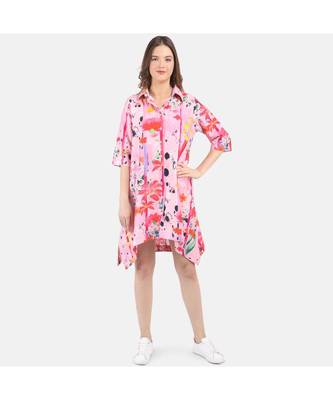 Women's Pink Printed Silk Cotton Shirt Dress 1