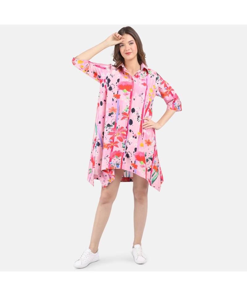 Women's Pink Printed Silk Cotton Shirt Dress