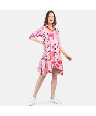 Women's Pink Printed Silk Cotton Shirt Dress 3
