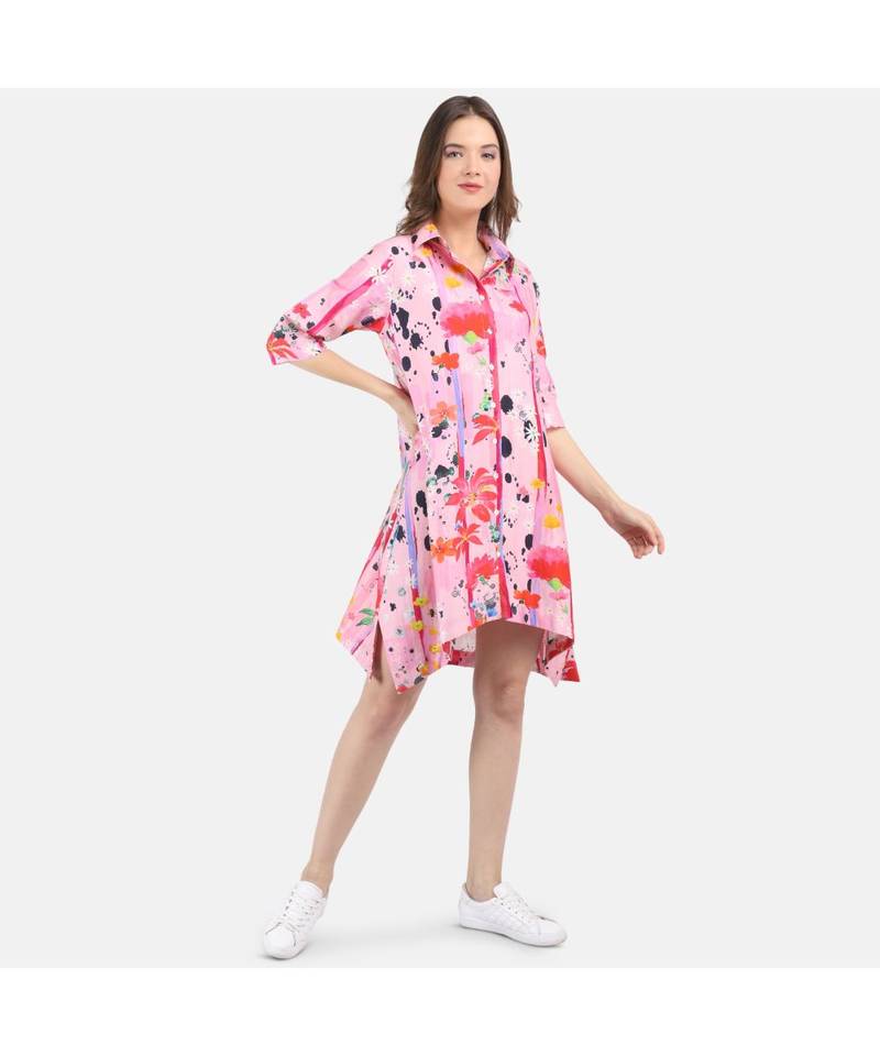 Women's Pink Printed Silk Cotton Shirt Dress