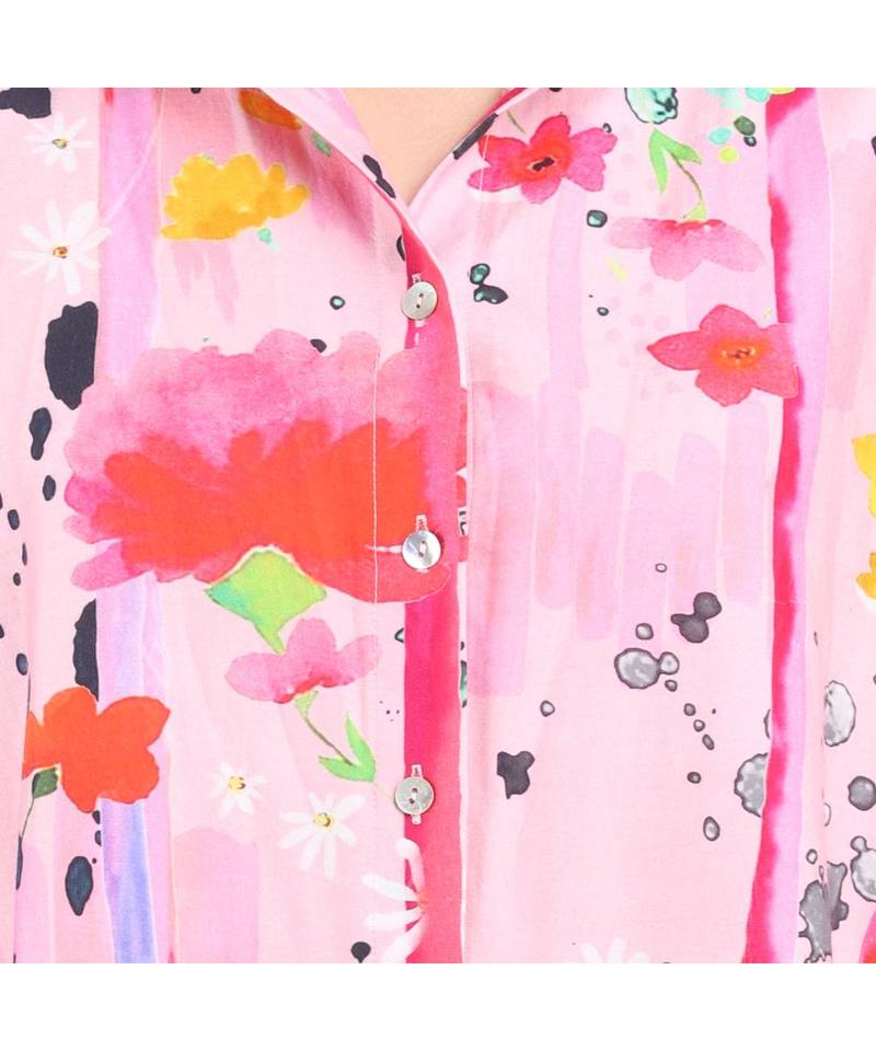 Women's Pink Printed Silk Cotton Shirt Dress