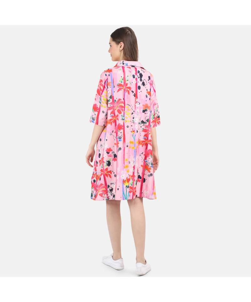 Women's Pink Printed Silk Cotton Shirt Dress