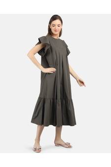 WOMEN'S OLIVE SOLID COTTON POPLIN FRILLSUMMER DRESS