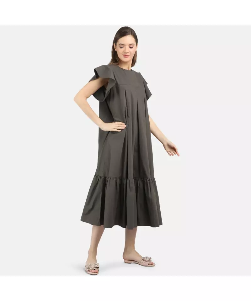 WOMEN'S OLIVE SOLID COTTON POPLIN FRILLSUMMER DRESS