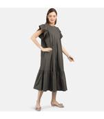 WOMEN'S OLIVE SOLID COTTON POPLIN FRILLSUMMER DRESS