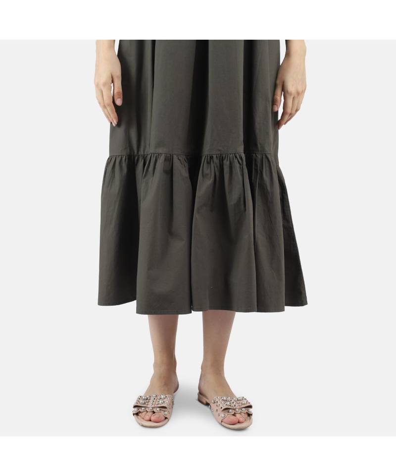 Women's Olive Solid Cotton Poplin Frillsummer Dress