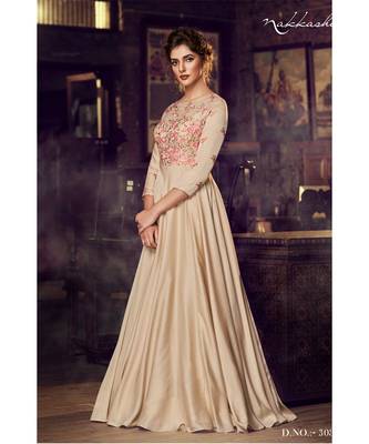 semi stitched satin beige Party Wear Gowns 2