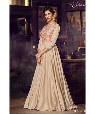 semi stitched satin beige Party Wear Gowns 3