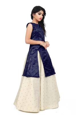 Kids Blue Indo And Cream Lehenga Choli For Girls  3