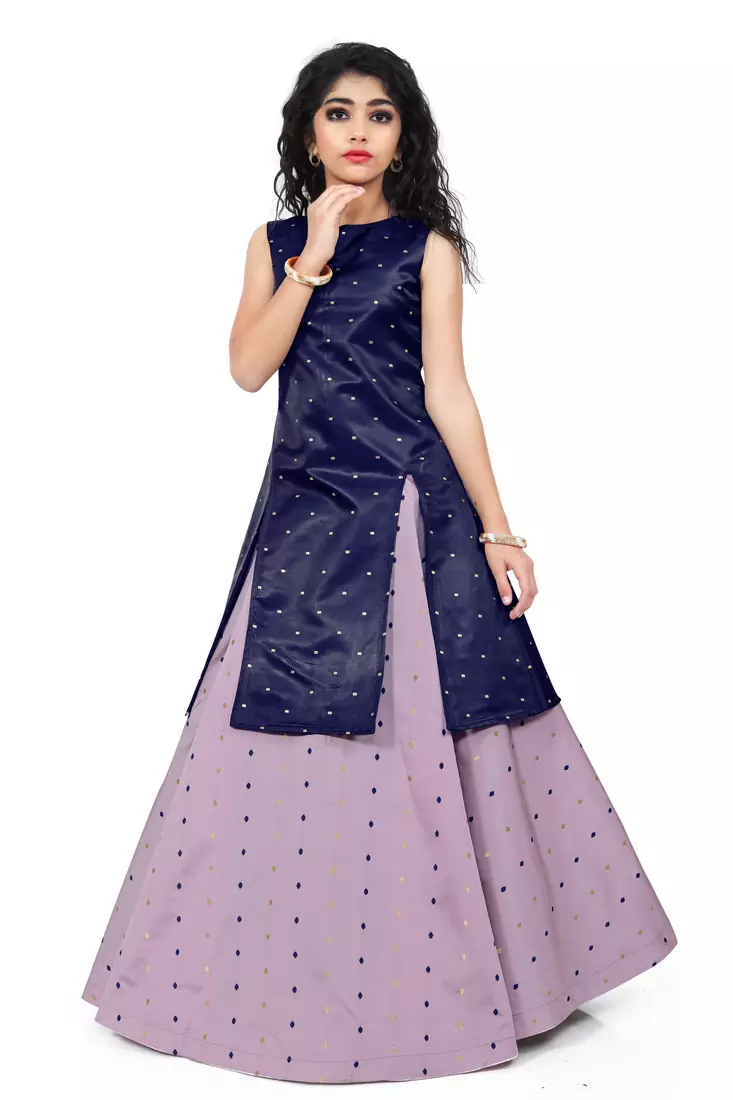 Kids Blue Indo And Lavender Lehenga Choli For Girls 