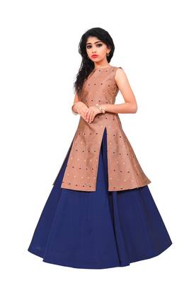 Kids Brown Indo With Blue Lehenga For Girls 2