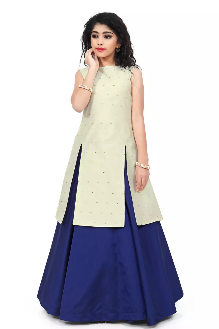 Kids Cream Indo And Blue Lehenga Choli For Girls