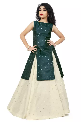 Kids Green Indo With Cream Lehenga Choli For Girls 